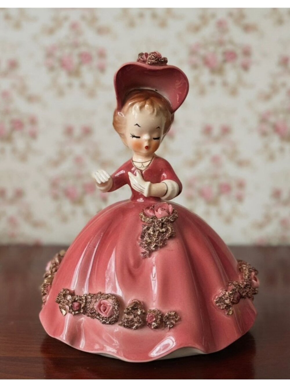 Vintage Arnart Pink Ceramic Figurine Of Lady In Hat With Floral Accents 1950s St